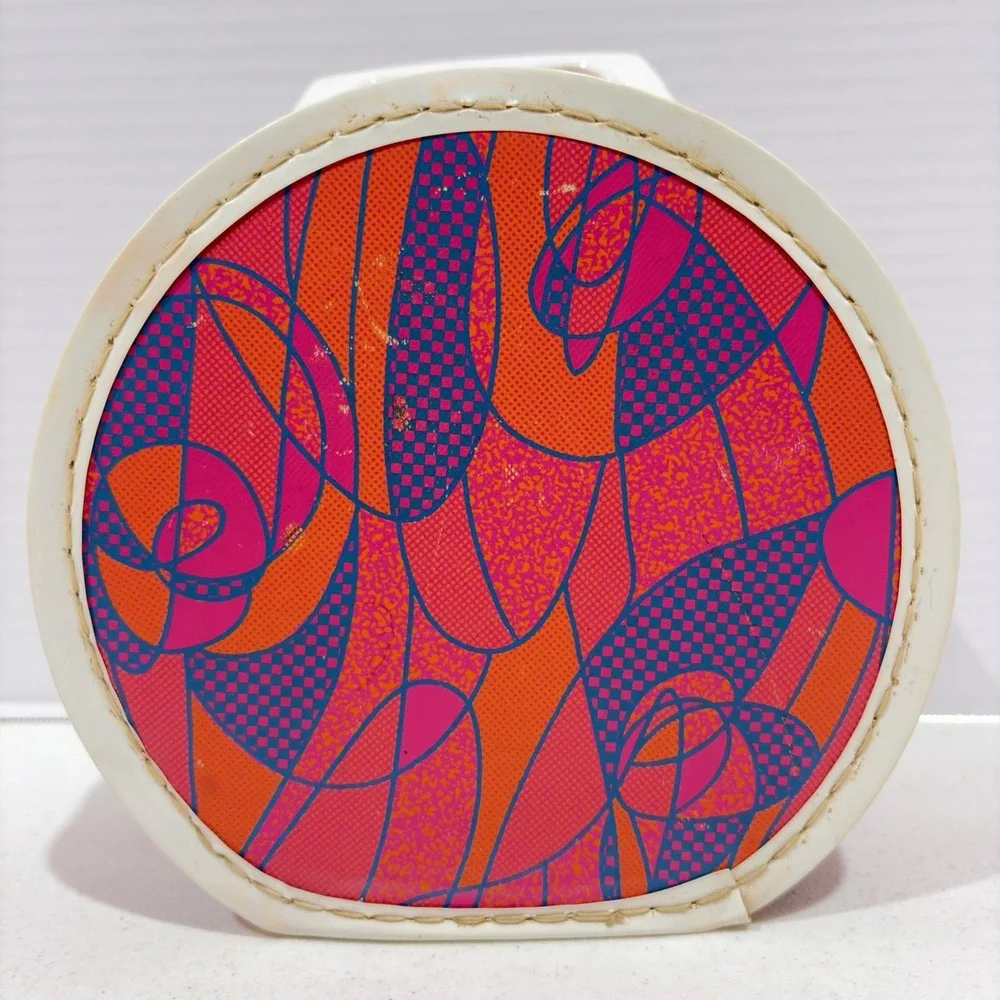 Vintage 1970's Mod Psychedelic Round Doll Case Hat Box Child's Suitcase Pink